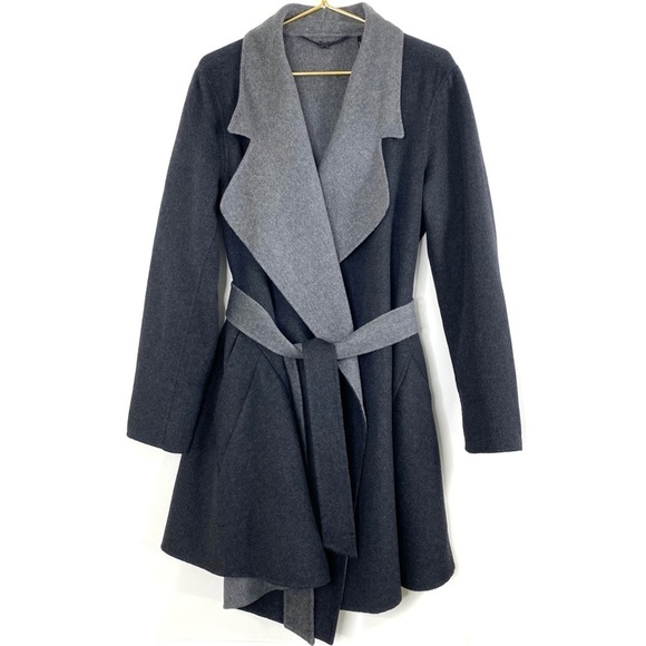 DAWN Levy Design Cashmere Blend Wrapped Coat in Color Block Charcoal Gray - Picture 2 of 10